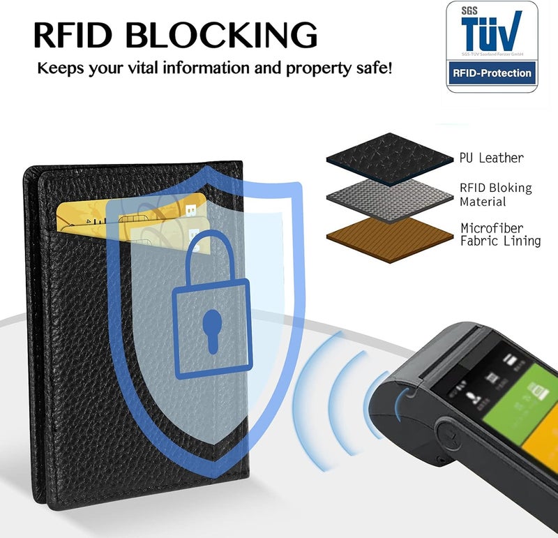 Unaone Slim Minimalist Wallet - Premium Leather RFID Blocking Front Pocket Wallets with 8 Card Slots and 2 ID Window, Black - Image 4